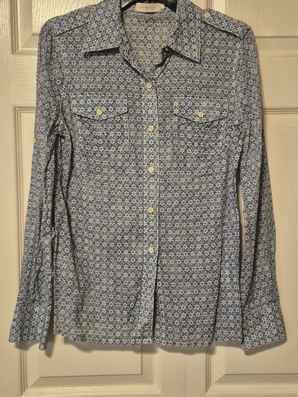 Tory Burch Blue Floral-Print Button Down Shirt